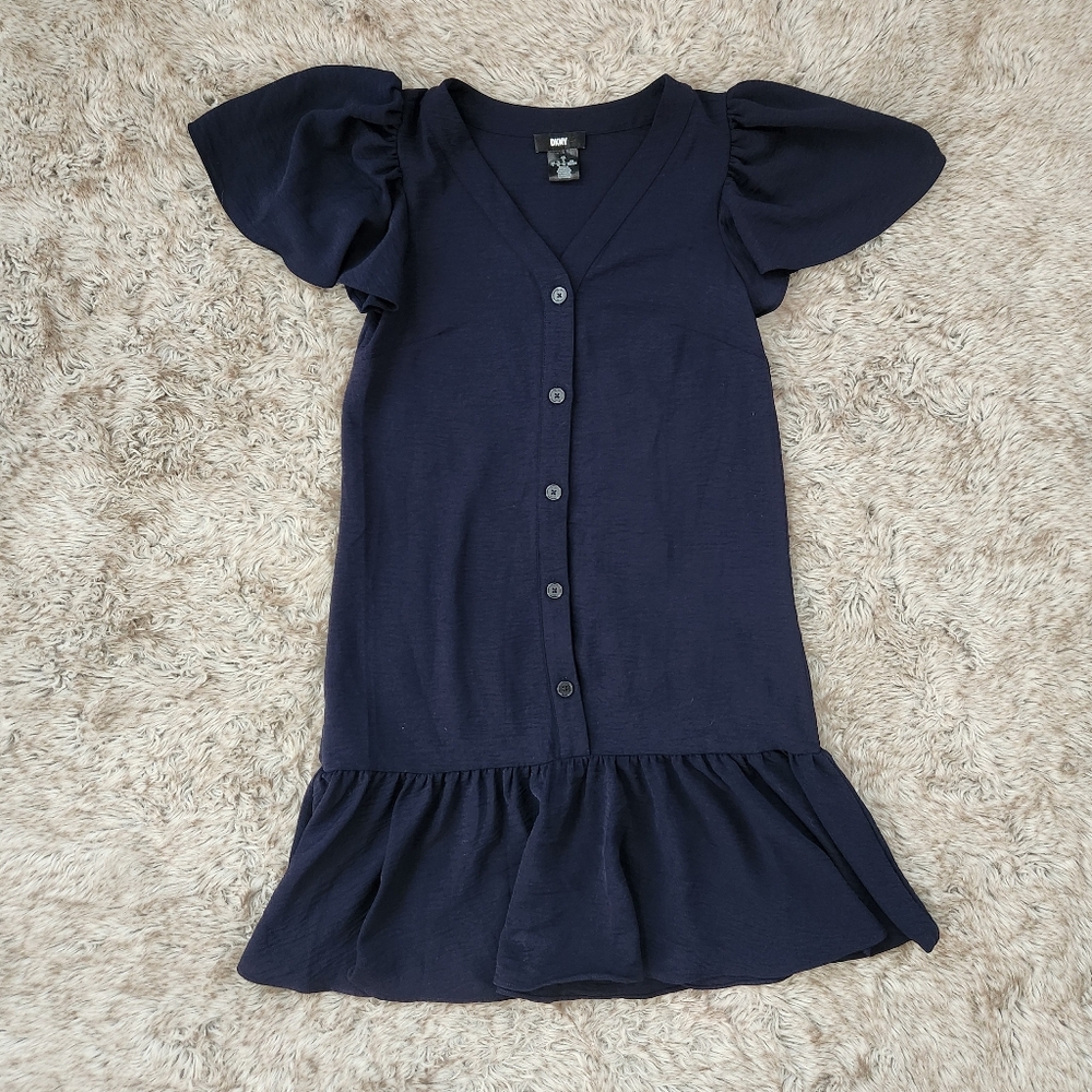 DKNY Front Button Ruffle Hem Short Sleeve V-neck Shirt Dress Navy Women's Size 2